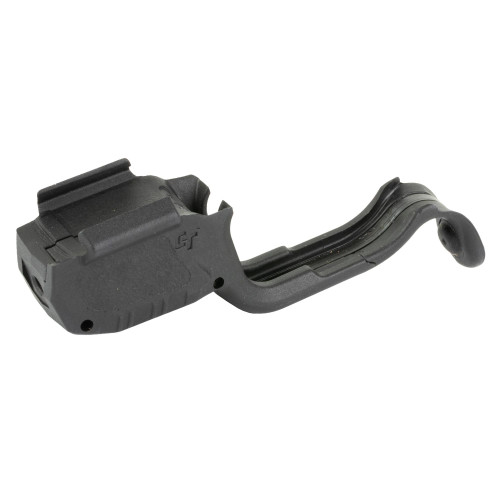 Crimson Trace Corporation Crimson Trace Laserguard Hellcat for Springfield Armory - Instinctive Activation Red Laser Sight, product image of a compact black laser sight attachment with a curved mounting bracket for enhanced accuracy and concealed carry.