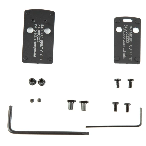 Crimson Trace CT RAD Dovetail Mounting Kit for GLOCK Pistols - Secure Your Red Dot Without Gunsmithing, image showing black mounting plates, screws, and tools for installation.
