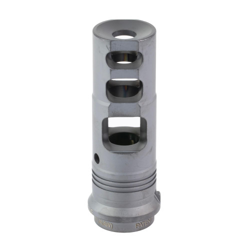 Surefire SFMB-338-M18X1.5 Muzzle Brake Suppressor Adapter - Ultimate Recoil Management & Durability, silver metallic muzzle brake with multiple cutouts and threading at the bottom.