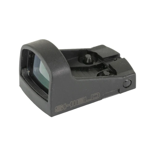 Shield Sights SMS-8MOA-POLY Mini Combat Optic, a lightweight day/night sight with a compact design for military and law enforcement use, featuring a black housing and an adjustable sight window.