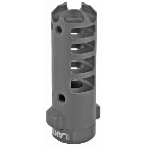 LanTac USA LLC LANTAC DGN762B-QM Muzzle Brake, precision recoil management for 7.62x51/.308 caliber, black nitride finish, cylindrical metal firearm accessory with multiple cutouts for enhanced heat dissipation and recoil reduction.