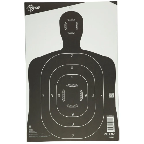 Allen Company 15447 EZ Aim Shooting Targets - 25 Pack, black and white silhouette target with multiple scoring zones for enhanced accuracy and skill development.