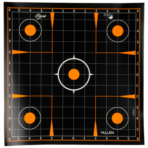Allen Company 15314-10 EZ Aim Splash Paper Shooting Target, black and orange shooting target with multiple bullseyes and splash zones for enhancing shooting accuracy and visibility.
