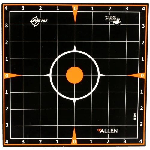 Allen Company 15301 EZ Aim Adhesive Splash Reactive Paper Targets - Premium Precision Shooting Accuracy for Instant Shot Feedback, black target with orange and white markings, central orange splash zone, target grid with numbered axes.