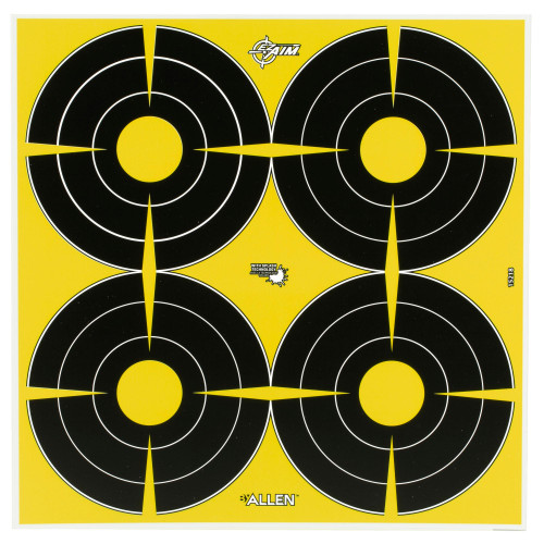 Allen Company 15218 Paper Targets with Splash Technology for Precision Shooting - Visible Impact Holes for Indoor & Outdoor Practice, black and yellow target paper with splash impact technology in four quadrants.