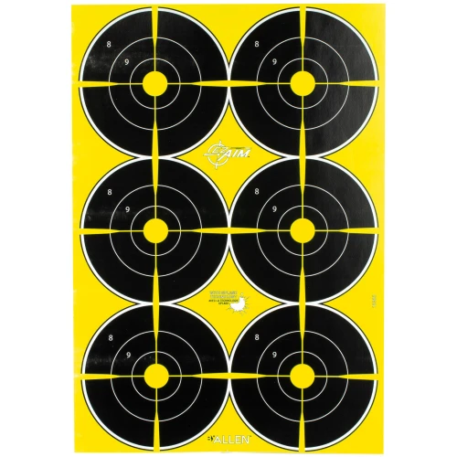 Allen Company 15355 EZ Aim Non-Adhesive Splash Shooting Targets - 8 Pack Bullseye Targets for Precision Practice, showing four black and yellow bullseye targets with concentric circles and a splash technology logo in the center.