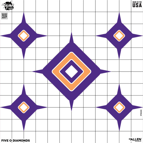 Allen Company 15641 EZ Aim Fun Dial Paper Targets, colorful target with a large diamond shape in purple and orange, and smaller diamond shapes inside, designed for pistol, handgun, and pellet gun shooting practice.