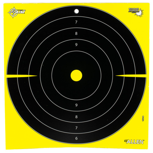 Allen Company 15214-30 EZ Aim Splash Reactive Bullseye Targets - 12.5 x 12.5 inches, black and yellow target with concentric circles and a yellow center, featuring splash technology and adhesive backing for enhanced shooting practice.