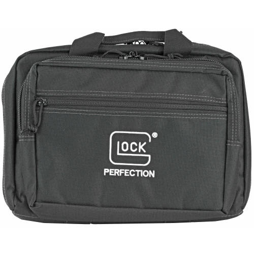 GLOCK AP60242 Dual Padded 2-Pistol Range Bag with 5 Magazine Holders, black ballistic nylon range bag with multiple zippered compartments for firearm storage and organization.