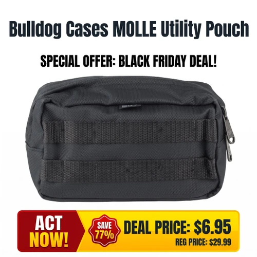 Bulldog Cases BDT64B MOLLE Utility Pouch, Durable black Poly Oxford Nylon gear with MOLLE webbing for attaching additional pouches or accessories.