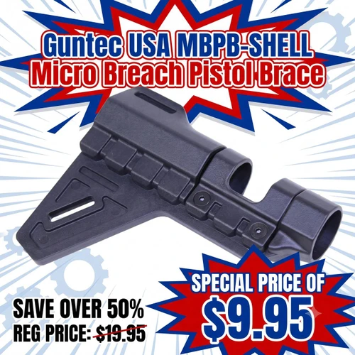Guntec USA MBPB-SHELL Micro Breach Pistol Brace, black tactical firearm brace with adjustable features.