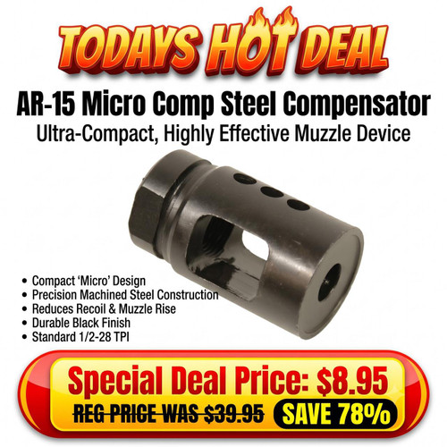Guntec USA M-COMP AR-15 Micro Comp Steel Compensator, a compact, precision-machined steel muzzle device with multiple vent holes and an open design for recoil and muzzle rise reduction.