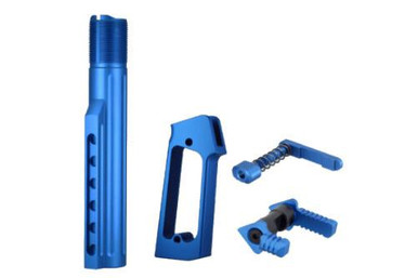 JE Machine Tech PS-BTMS5BLU Combo: USA-Made Blue Fluted Buffer Tube, Pistol Grip, Ambidextrous Safety Selector & Mag Release for AR-15 - Lightweight Mil-Spec Upgrade