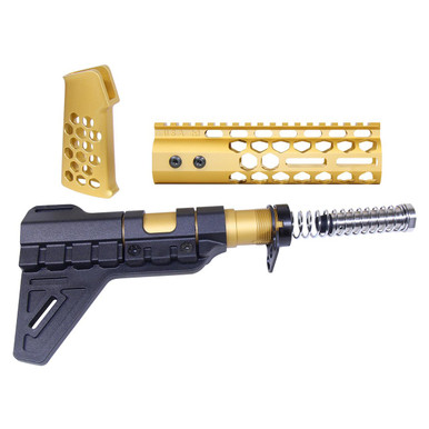 Guntec Usa Guntec USA AR-HCP-SET-PB-GOLD AR-15 Honeycomb Pistol Furniture Set With Brace (7") (Anodized Gold) - $179.94 at ABCSportZ