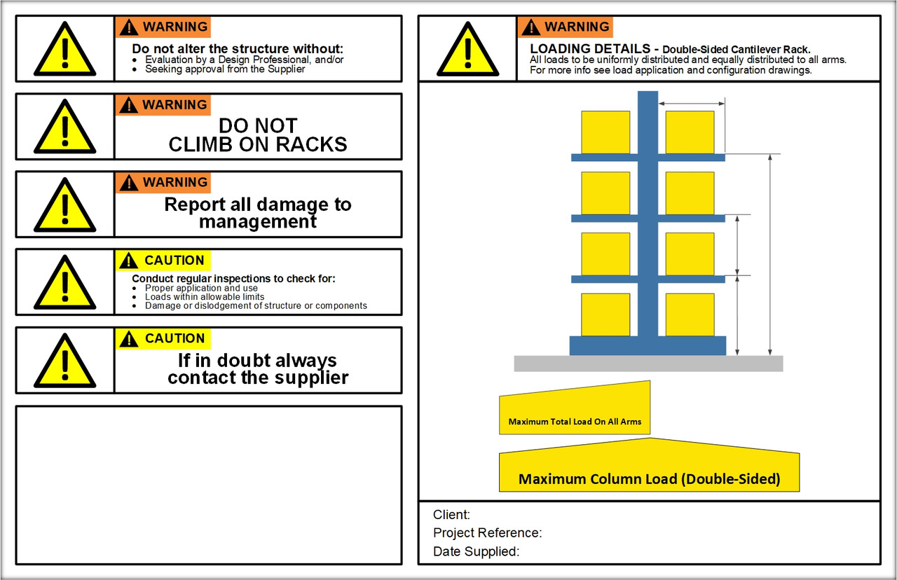 Double Sided Cantilever Rack Load Limit Signs