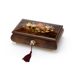 Gorgeous 18 Note Dark Natural Wood Tone Floral Inlay Musical Jewelry Box with Lock and Key