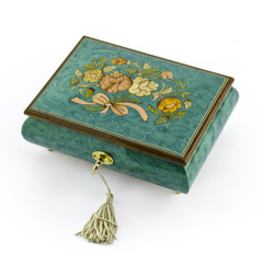 Beautiful 22 Note Turquoise Floral Inlay Musical Jewelry Box with Lock and Key