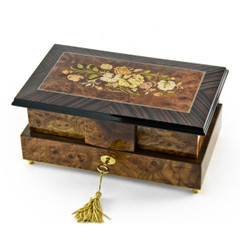 Grand 18 Note Double Level Musical Jewelry Box with Exquisite Floral Inlay