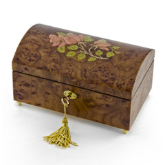 Handcrafted 18 Note Wood Tone Floral Inlay Treasure Chest Musical Jewelry Box