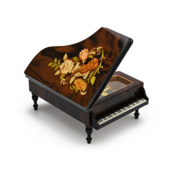 Gorgeous 36 Note Burl-Elm Music and Floral Theme Grand Piano Sorrento Music Box