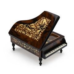 Ornate 30 Note Walnut Finish Grand Piano with Arabesque Inlay Music Box
