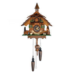 Black Forest Chalet with Green Shutters and Bell Tower Quartz Musical Cuckoo Clock