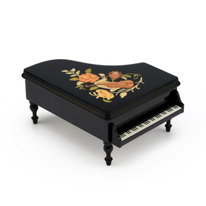 Gorgeous 36 Note Black Lacquer Grand Piano with Violin and Floral Inlay Musical Jewelry Box