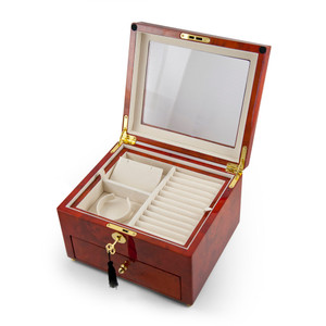 Classic Wood Tone Glass Panel 30 Note Music Jewelry Box