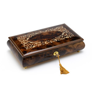 Handcrafted Arabesque Wood Inlay 30 Note Musical Jewelry Box with Lock and Key