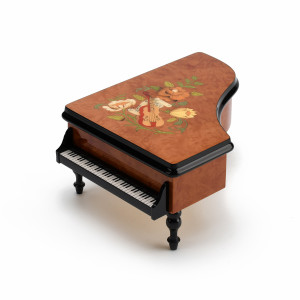 Gorgeous 30 Note Burl-Elm Music and Floral Theme Grand Piano Music Box