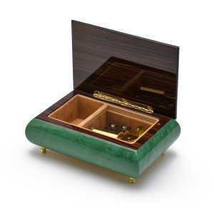 Brilliant Green Stain 30 Note Musical Jewelry Box with Frog on Lily Pad with Fireflies Wood Inlay