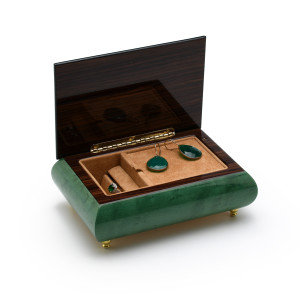 Brilliant Green Stain 30 Note Musical Jewelry Box with Frog on Lily Pad with Fireflies Wood Inlay