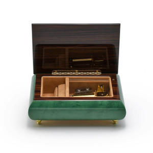 Brilliant Green Stain 30 Note Musical Jewelry Box with Frog on Lily Pad with Fireflies Wood Inlay