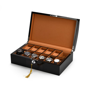 Modern 30 Note Hi-Gloss Black Lacquer with Macassar Accent Musical 11 Count Watch Box