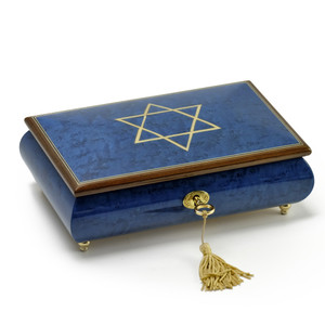 Handcrafted 22 Note Royal Blue Music Jewelry Box with Star of David Inlay