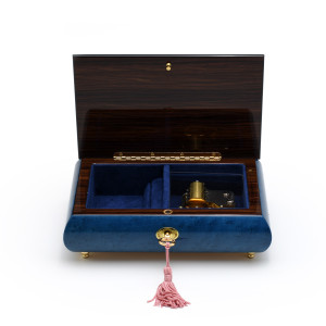 Royal Blue 30 Note Violin and Floral Wood Inlay Musical Jewelry Box