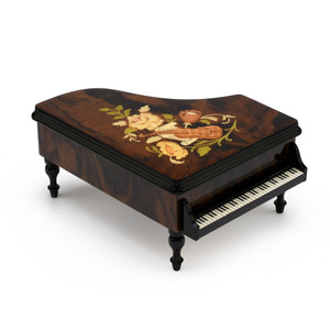 Gorgeous 18 Note Burl-Elm Music and Floral Theme Grand Piano Sorrento Music Box