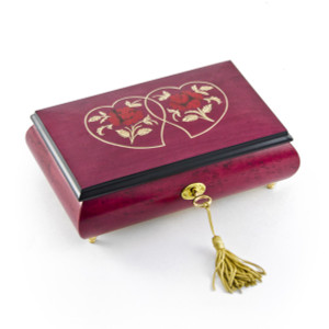 Radiant 22 Note Double Hearts with Red Rose Raspberry Musical Jewelry Box