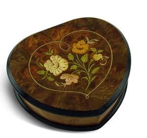 Simply Elegant and Expressive 30 Note Heart Shaped Floral Wood Inlay Musical Jewelry Box