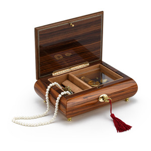 Gorgeous 23 Note Santos Mahogany Floral Inlay Musical Jewelry Box with Lock and Key