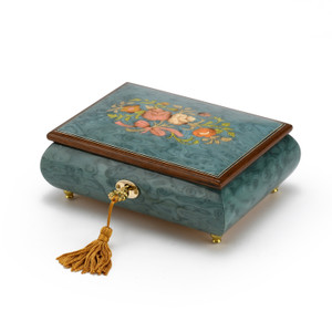 Beautiful 30 Note Turquoise Floral Inlay Musical Jewelry Box with Lock and Key