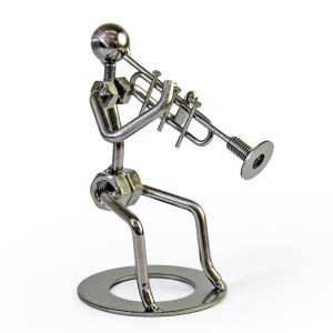 Handcrafted metal musician with trumpet figurine