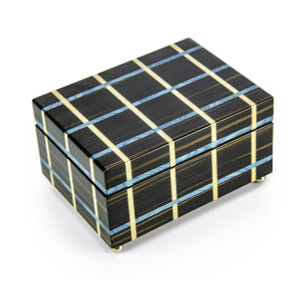 Contemporary Blue and Beige Line Inlay 30 Note Musical Jewelry Box