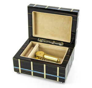 Contemporary Blue and Beige Line Inlay 30 Note Musical Jewelry Box