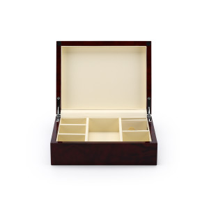 Contemporary 18 Note Hi Gloss Burl Wood Finish Jewelry Box