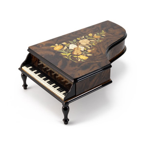 Handcrafted Wood Tone Music and Floral Inlay 36 Note Piano Music Jewelry Box