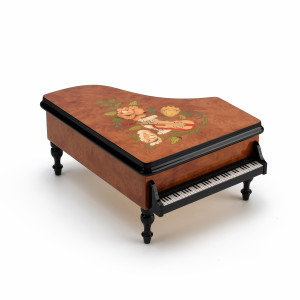 Gorgeous Burl-Elm Music and Floral Theme Grand Piano Sorrento Music Box