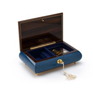 Radiant 30 Note Royal Blue Floral Inlay Musical Jewelry Box with Lock and Key