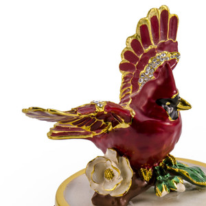 Jeweled Cardinal Bird with Red and Gold Accents Rotating Musical Keepsake