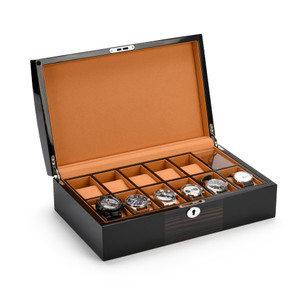 Modern 18 Note Hi-Gloss Black Lacquer with Macassar Accent Musical 11 Count Watch Box